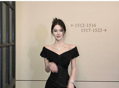 Short-Sleeve Off Shoulder Plain A-Line Evening Gown