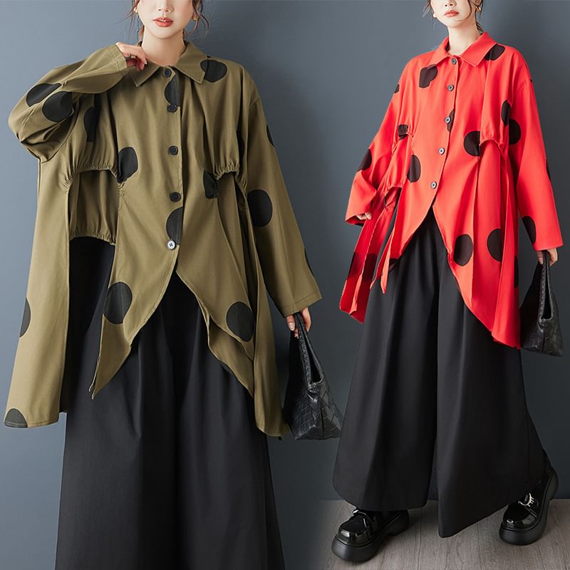 Collared Dotted Long Shirt with Slit