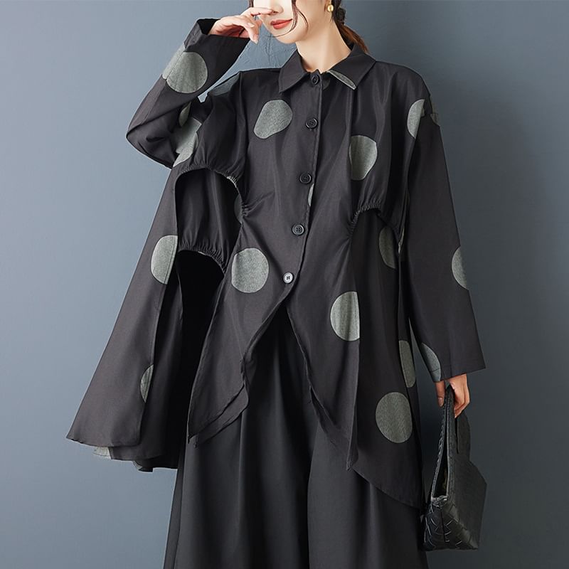 Collared Dotted Long Shirt with Slit