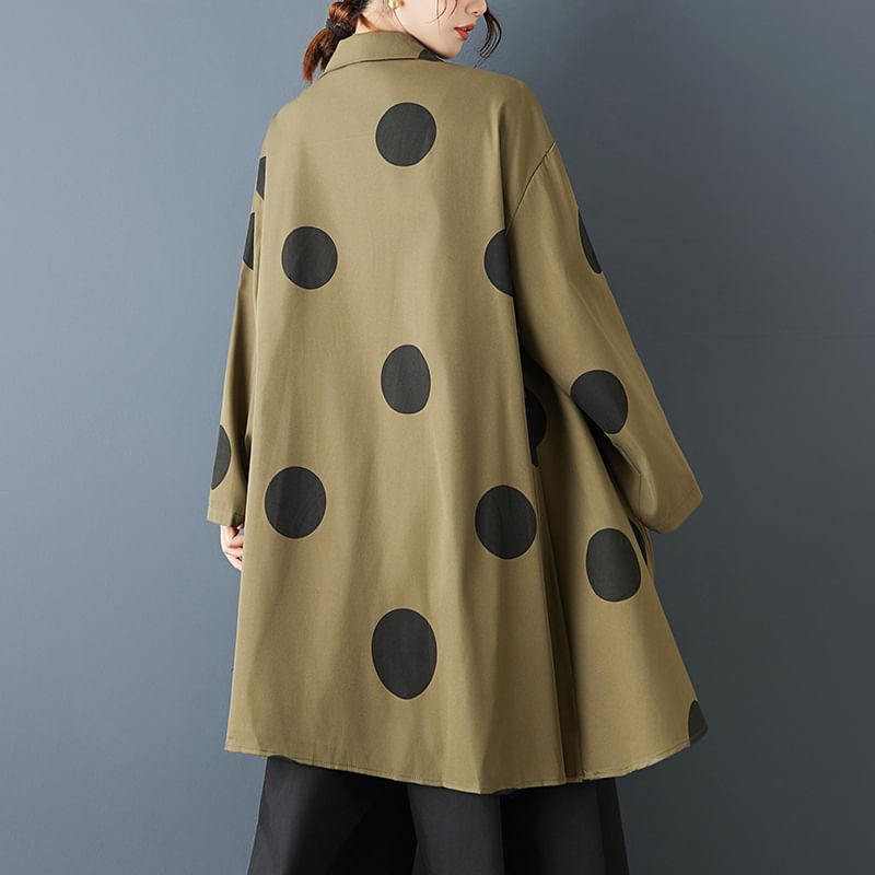 Collared Dotted Long Shirt with Slit
