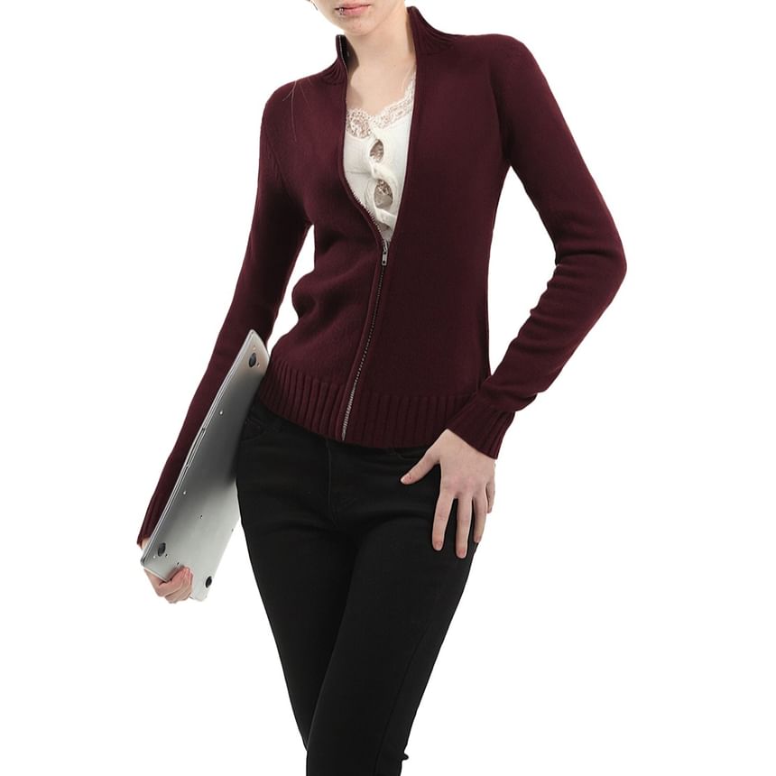 Stand Collar Zip-Up Plain Cardigan