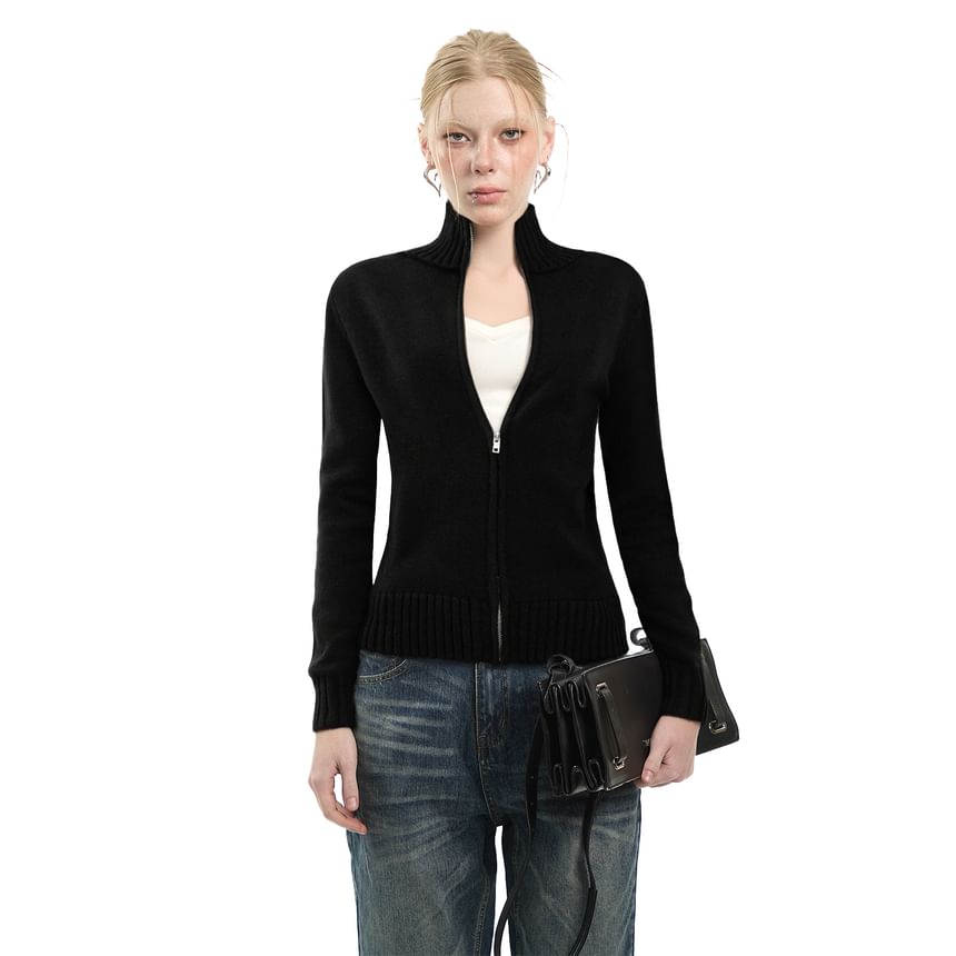 Stand Collar Zip-Up Plain Cardigan