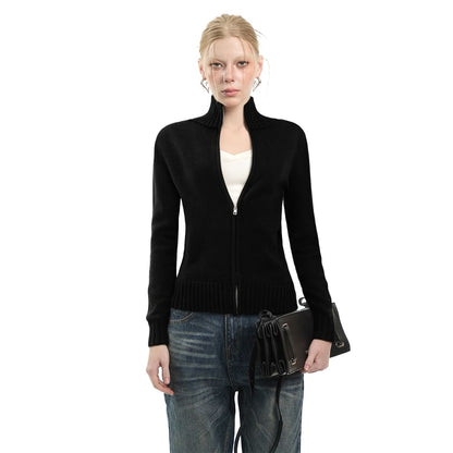 Stand Collar Zip-Up Plain Cardigan