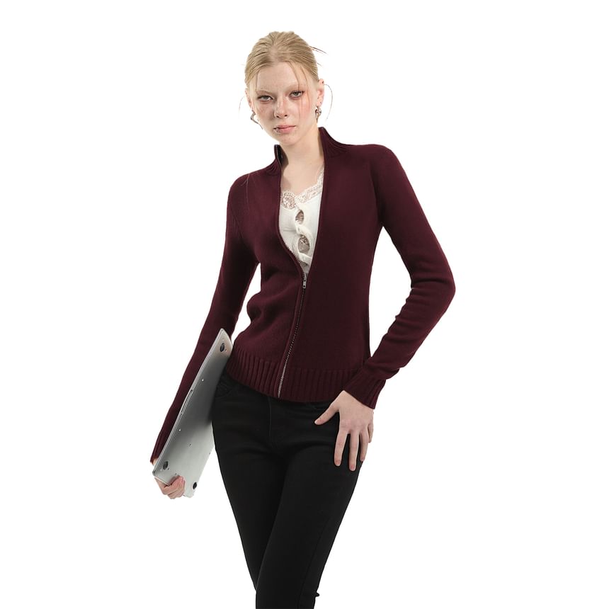Stand Collar Zip-Up Plain Cardigan