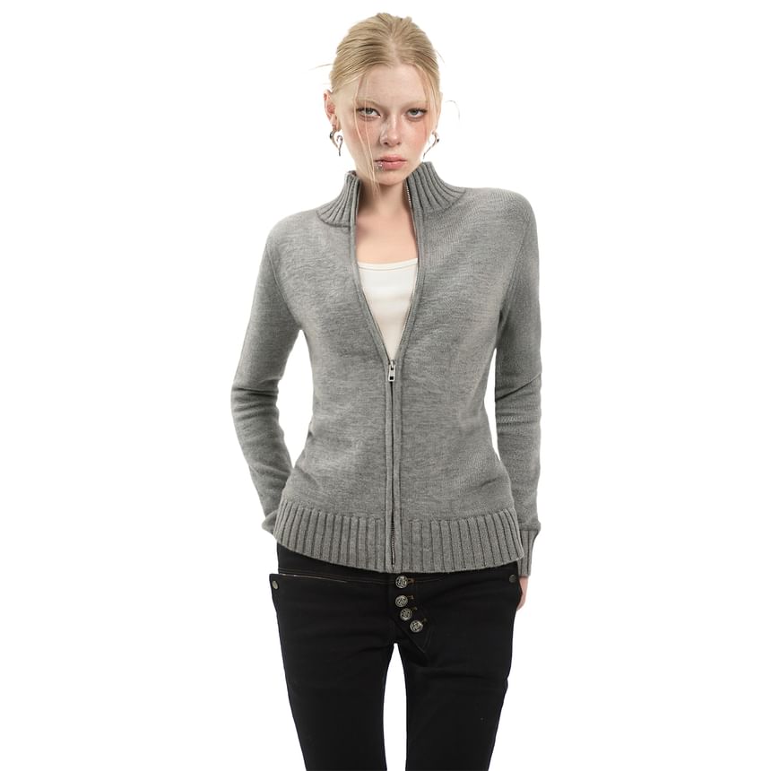 Stand Collar Zip-Up Plain Cardigan