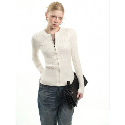Crew Neck Zip-Up Plain Cable Knit Cardigan