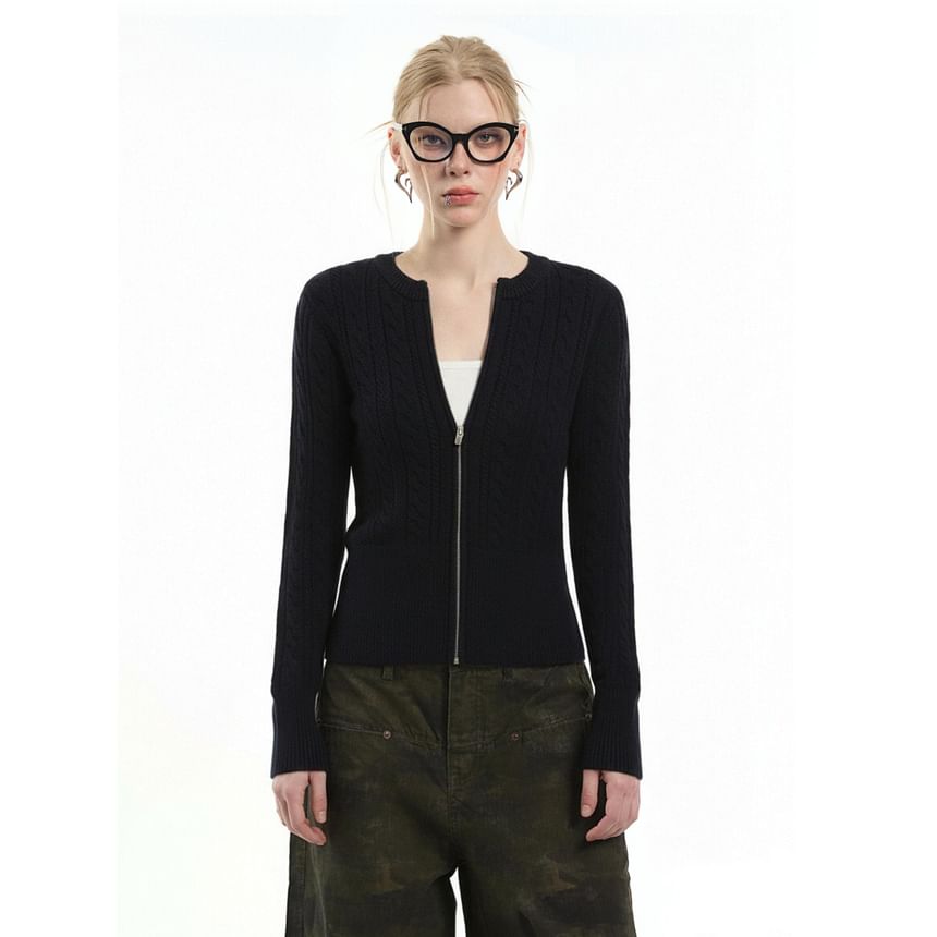 Crew Neck Zip-Up Plain Cable Knit Cardigan