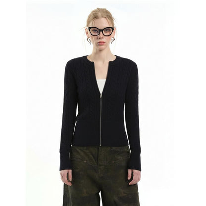 Crew Neck Zip-Up Plain Cable Knit Cardigan