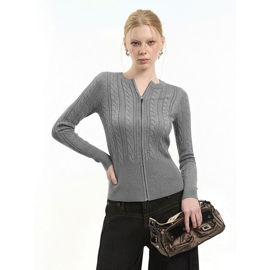 Crew Neck Zip-Up Plain Cable Knit Cardigan