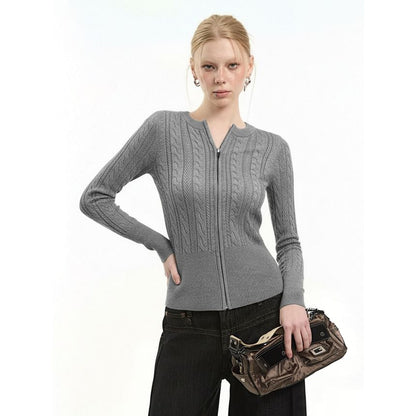 Crew Neck Zip-Up Plain Cable Knit Cardigan