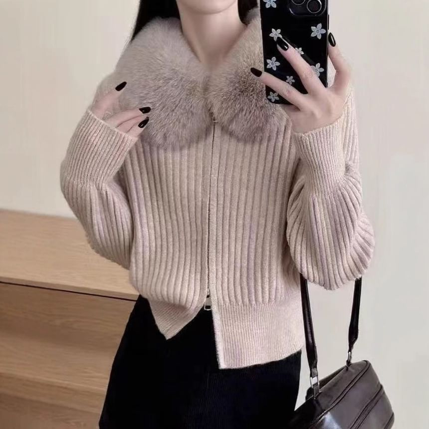 Fluffy Collar Plain Ribbed Knit Zip Cardigan