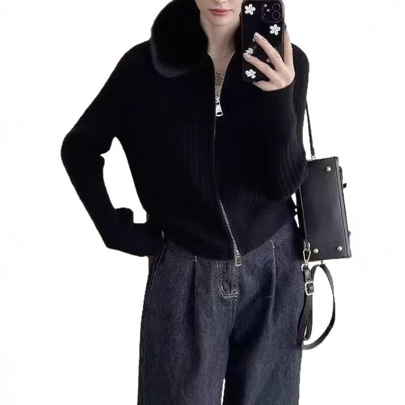 Fluffy Collar Plain Ribbed Knit Zip Cardigan