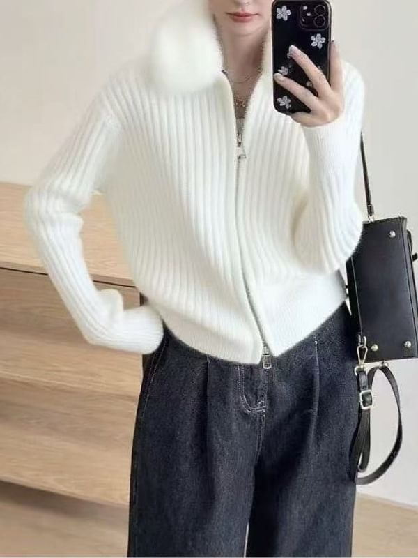 Fluffy Collar Plain Ribbed Knit Zip Cardigan