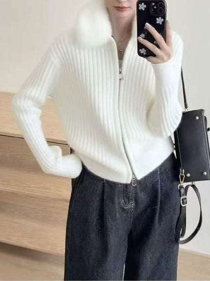 Fluffy Collar Plain Ribbed Knit Zip Cardigan