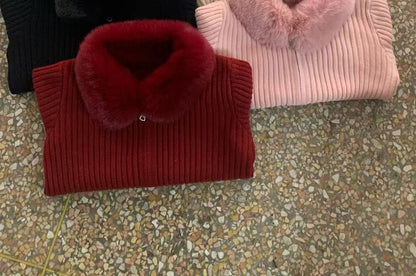 Fluffy Collar Plain Ribbed Knit Zip Cardigan