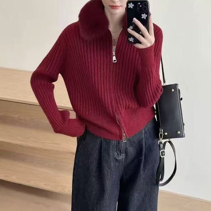 Fluffy Collar Plain Ribbed Knit Zip Cardigan