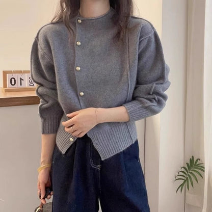 Round Neck Plain Faux Pearl Cardigan