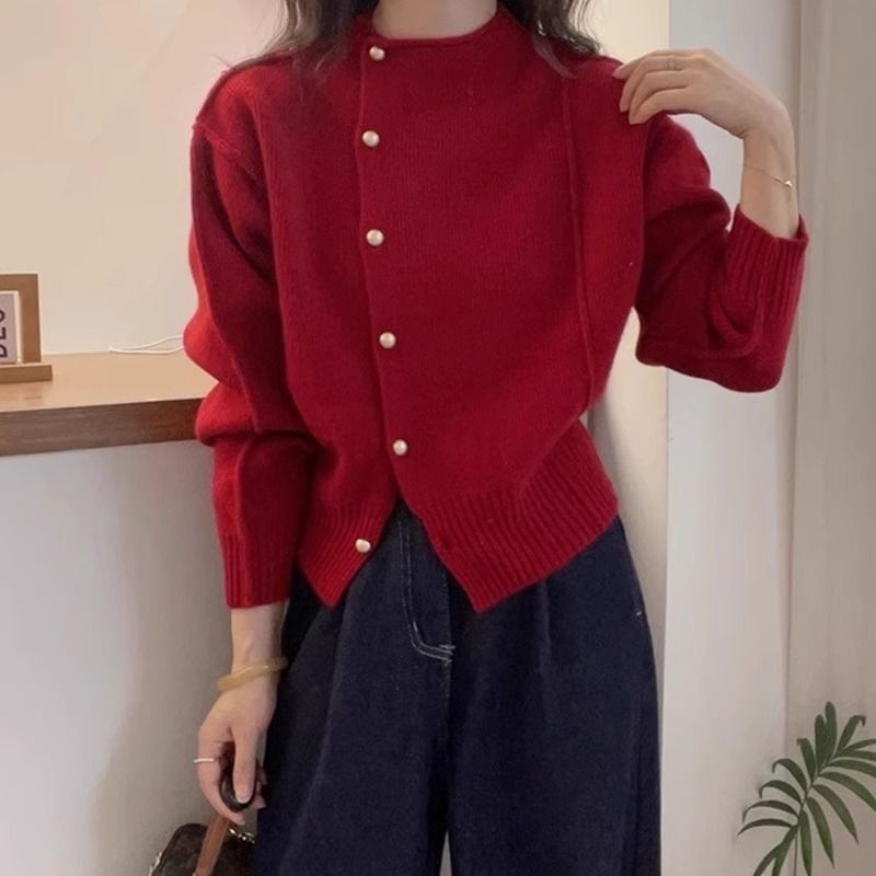 Round Neck Plain Faux Pearl Cardigan