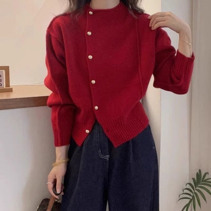 Round Neck Plain Faux Pearl Cardigan