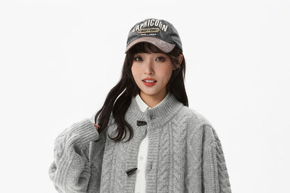 Stand Collar Plain Cable Knit Toggle Cardigan