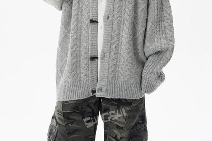 Stand Collar Plain Cable Knit Toggle Cardigan