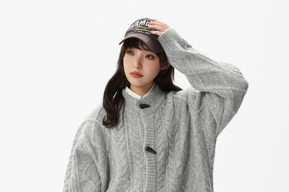 Stand Collar Plain Cable Knit Toggle Cardigan
