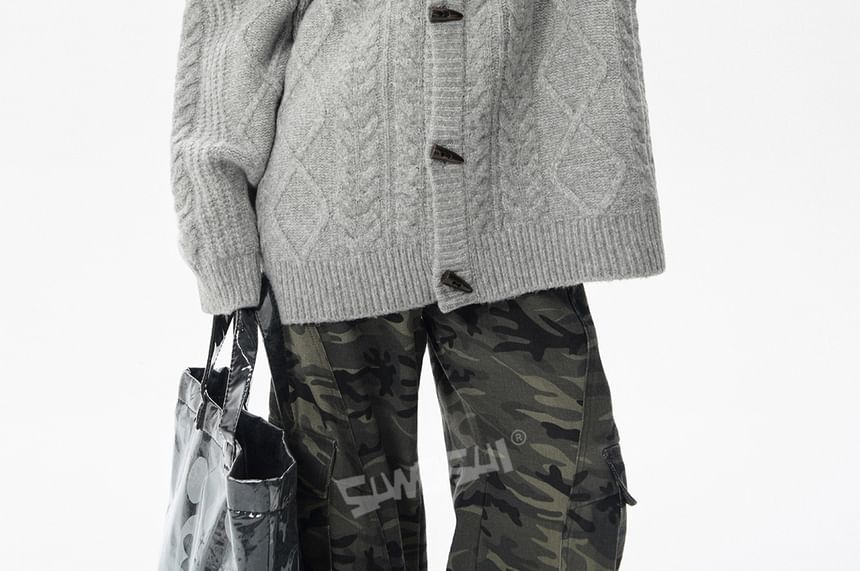 Stand Collar Plain Cable Knit Toggle Cardigan
