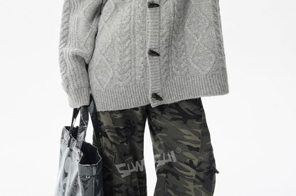 Stand Collar Plain Cable Knit Toggle Cardigan