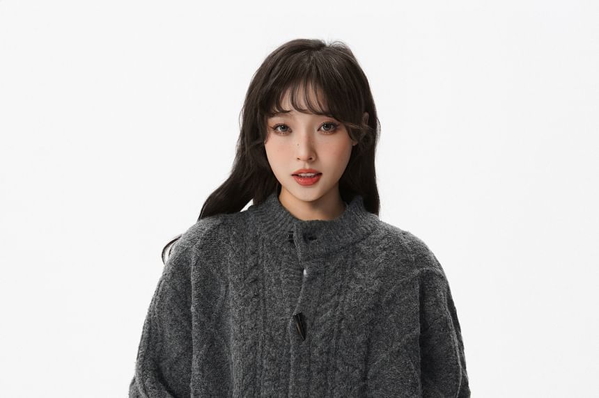 Stand Collar Plain Cable Knit Toggle Cardigan