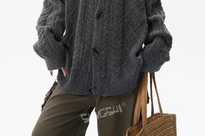 Stand Collar Plain Cable Knit Toggle Cardigan