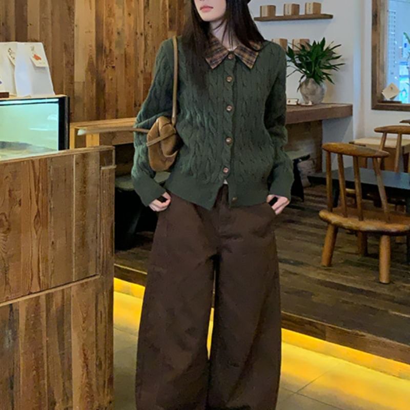 Collar Plain Plaid Panel Cable-Knit Cardigan