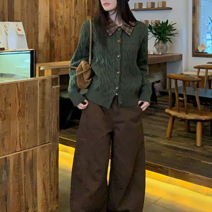 Collar Plain Plaid Panel Cable-Knit Cardigan