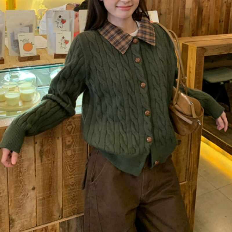 Collar Plain Plaid Panel Cable-Knit Cardigan