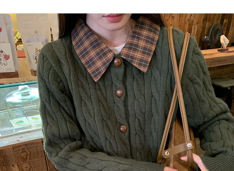 Collar Plain Plaid Panel Cable-Knit Cardigan