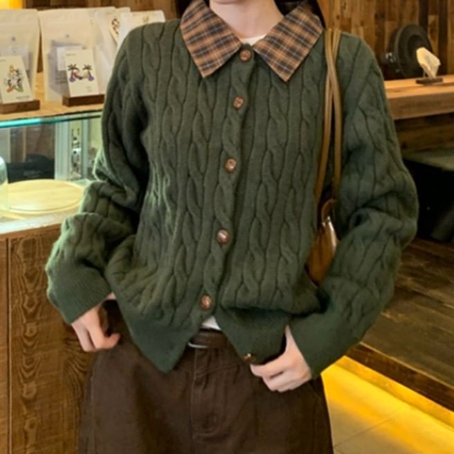 Collar Plain Plaid Panel Cable-Knit Cardigan