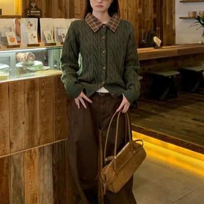 Collar Plain Plaid Panel Cable-Knit Cardigan
