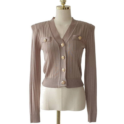 V-Neck Button-Up Plain Crop Cardigan