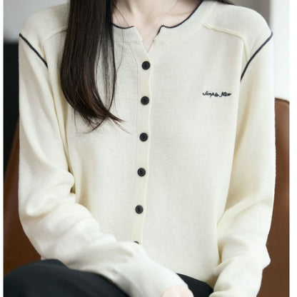 Round Neck Contrast Trim Button Up Cardigan