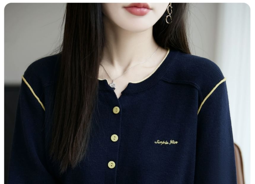 Round Neck Contrast Trim Button Up Cardigan