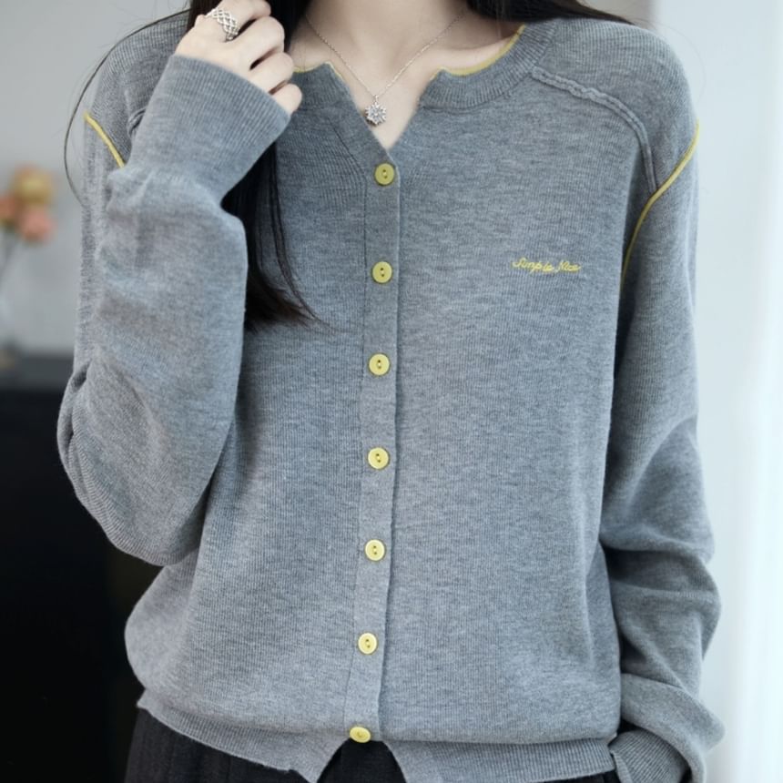Round Neck Contrast Trim Button Up Cardigan