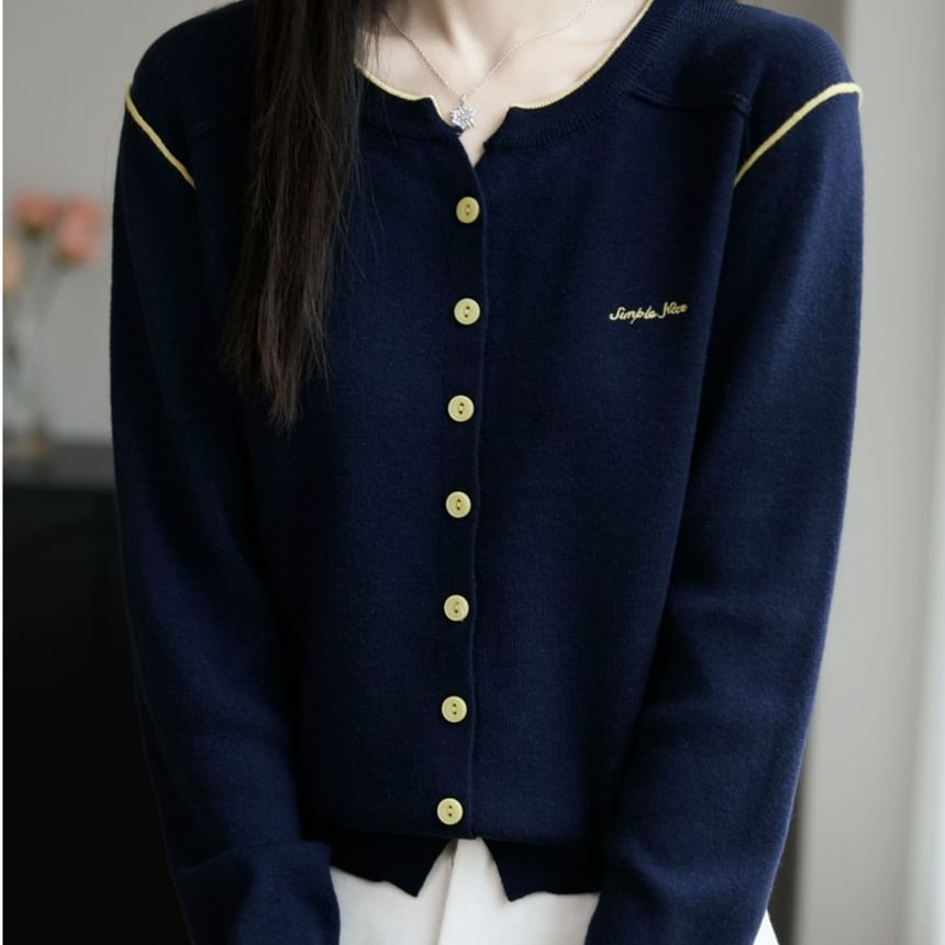 Round Neck Contrast Trim Button Up Cardigan