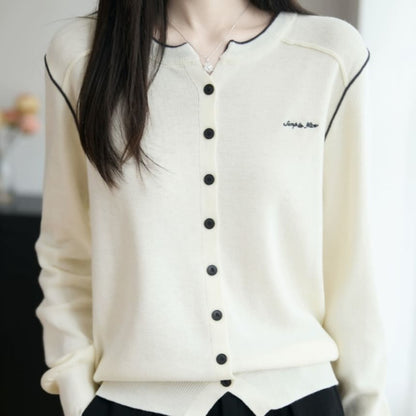 Round Neck Contrast Trim Button Up Cardigan