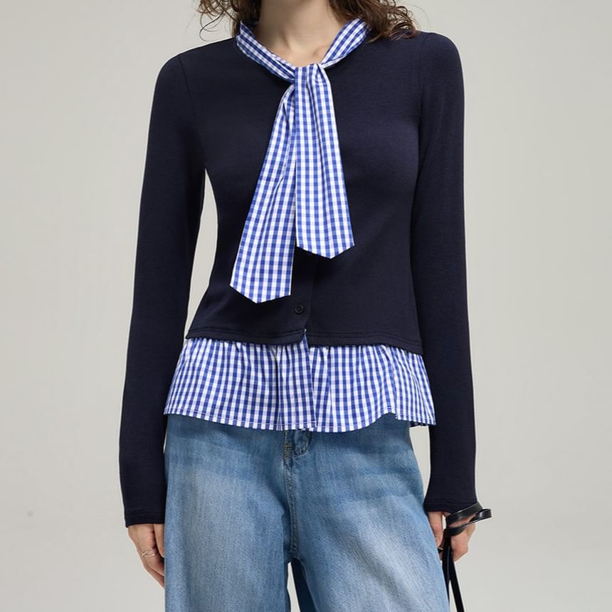 Mock Two-Piece Tie-Neck Gingham Panel Button-Up Cardigan