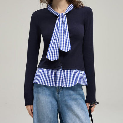 Mock Two-Piece Tie-Neck Gingham Panel Button-Up Cardigan