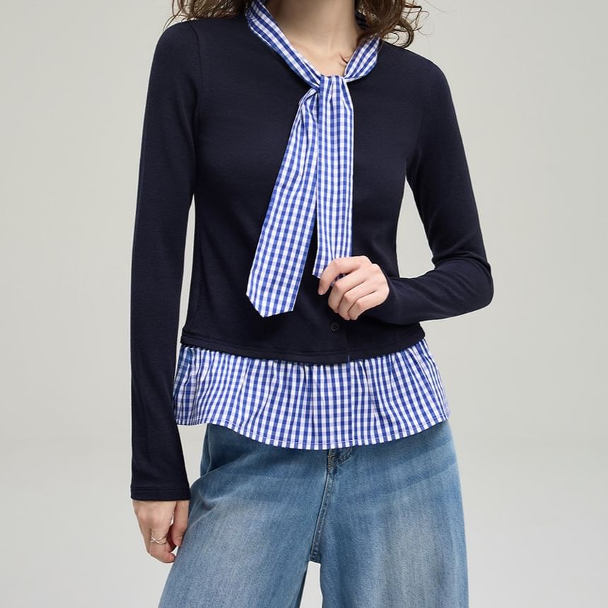 Mock Two-Piece Tie-Neck Gingham Panel Button-Up Cardigan