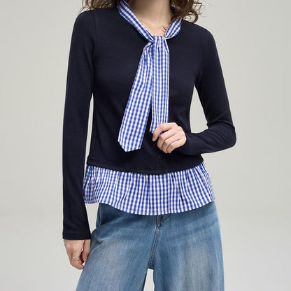 Mock Two-Piece Tie-Neck Gingham Panel Button-Up Cardigan