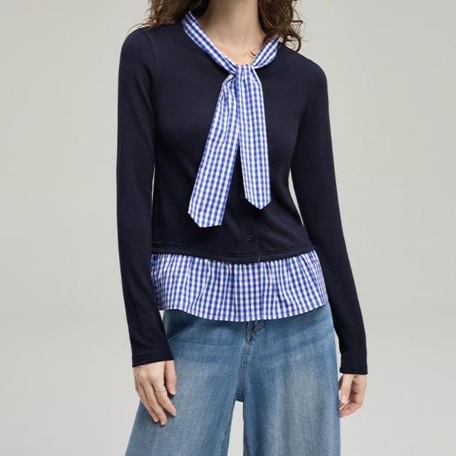 Mock Two-Piece Tie-Neck Gingham Panel Button-Up Cardigan