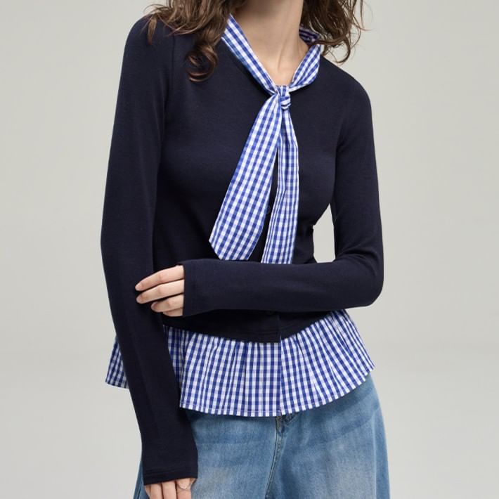 Mock Two-Piece Tie-Neck Gingham Panel Button-Up Cardigan