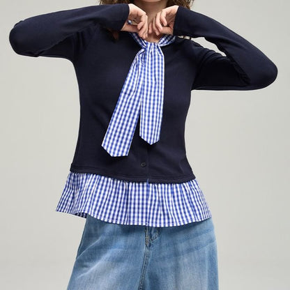 Mock Two-Piece Tie-Neck Gingham Panel Button-Up Cardigan