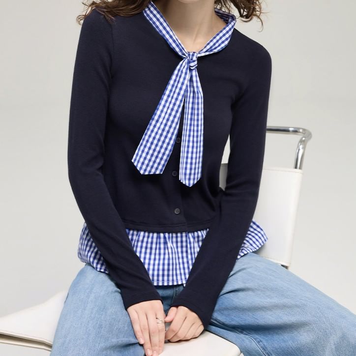 Mock Two-Piece Tie-Neck Gingham Panel Button-Up Cardigan